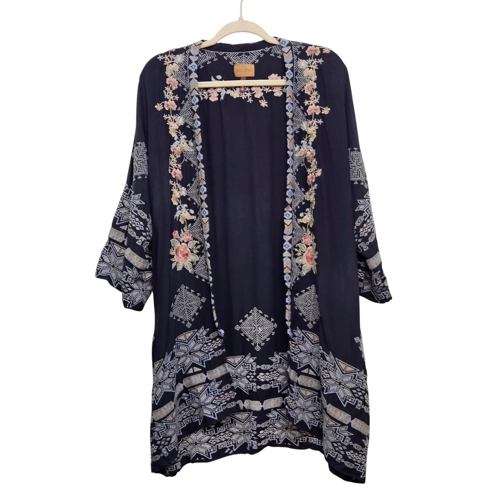 Driftwood Joelle Embroidered Kimono Pockets L Open Cardigan Duster Boho Festival